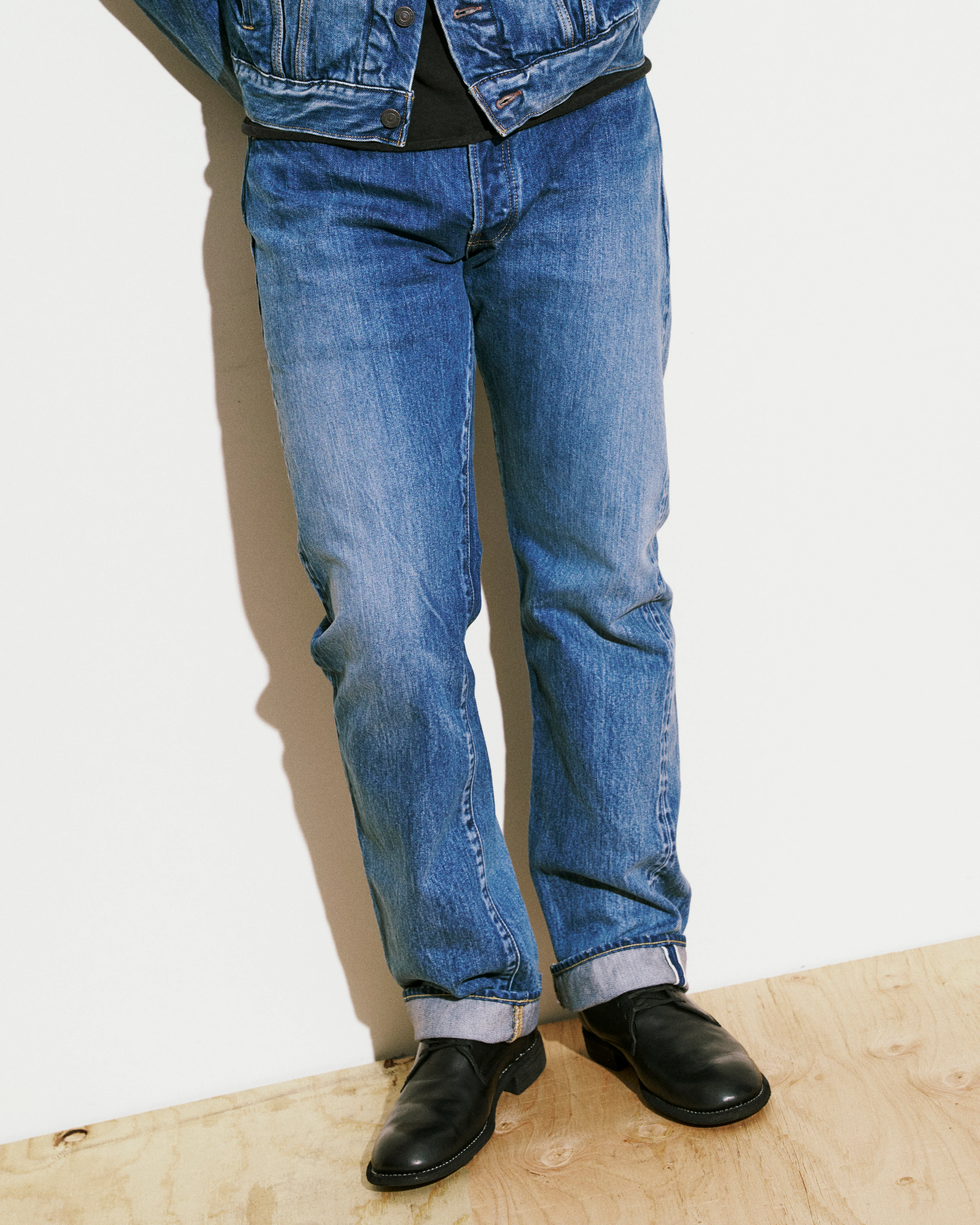 Straight 5 Pocket Selvedge Denim Pants in Medium Dark Blue Damage - Image 10