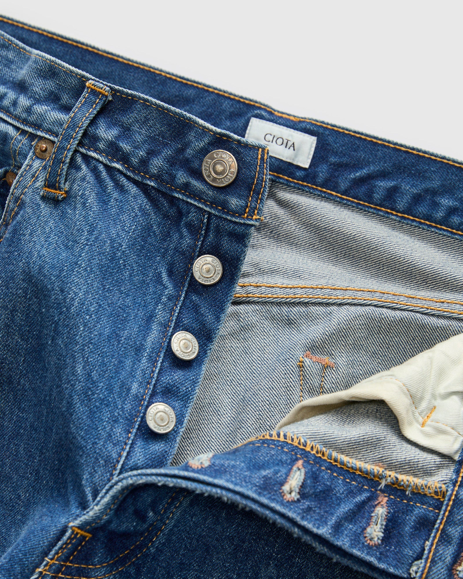 Straight 5 Pocket Selvedge Denim Pants in Medium Dark Blue Damage - Image 7