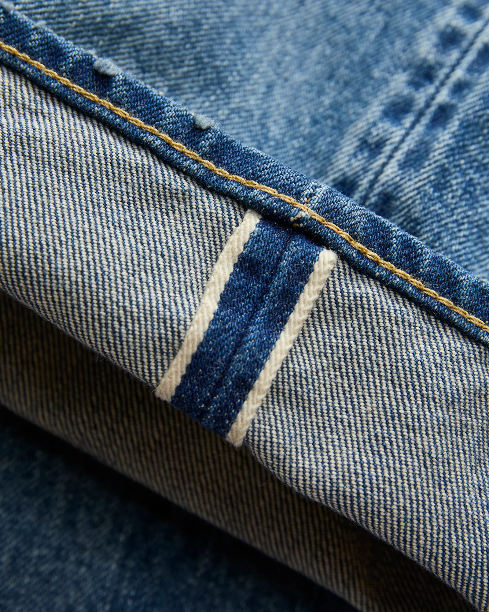 Straight 5 Pocket Selvedge Denim Pants in Medium Dark Blue Damage - Image 8